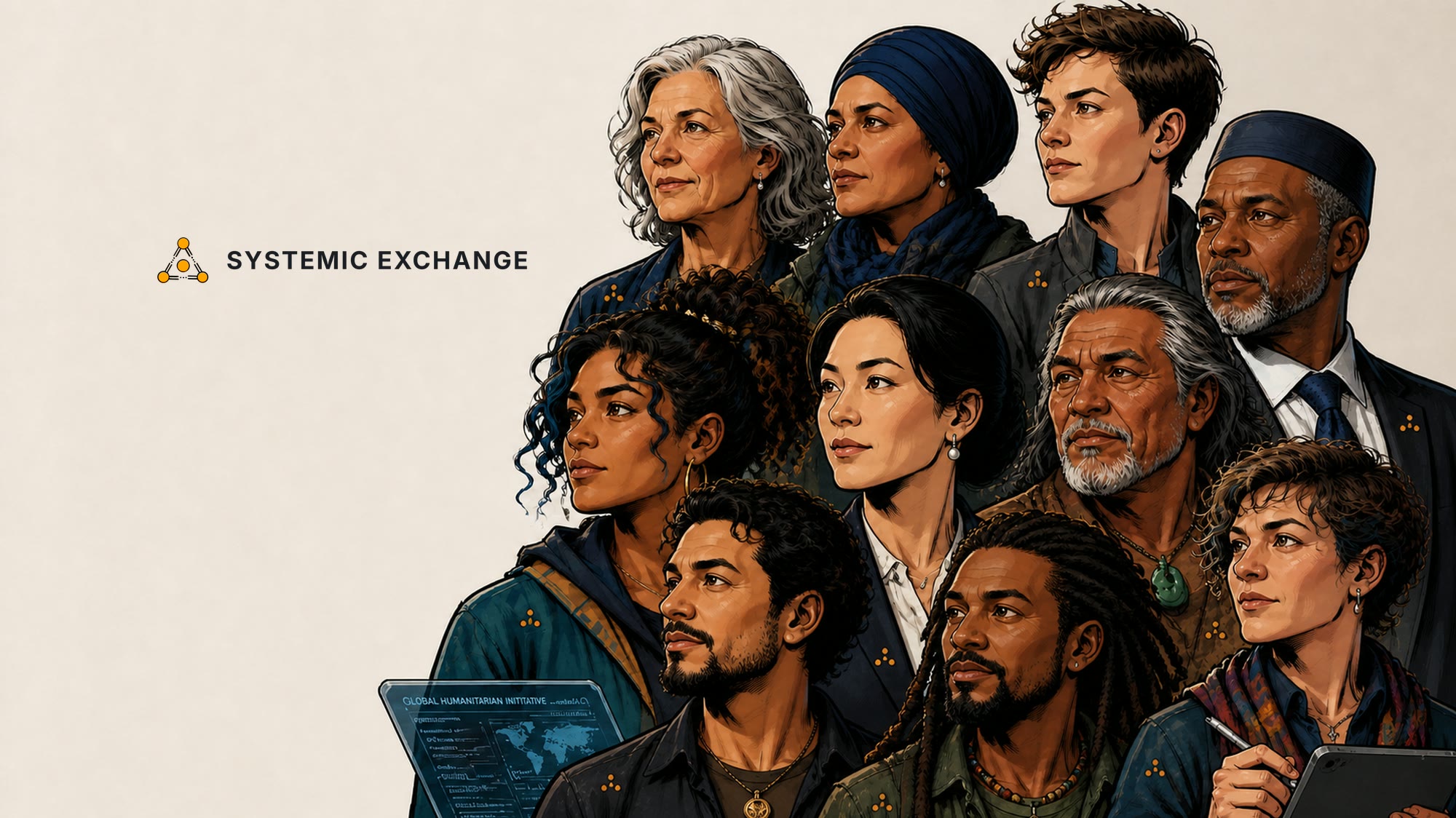 Illustrated portrait of the Systemic Exchange Collective on a cream background with the Systemic Exchange logo