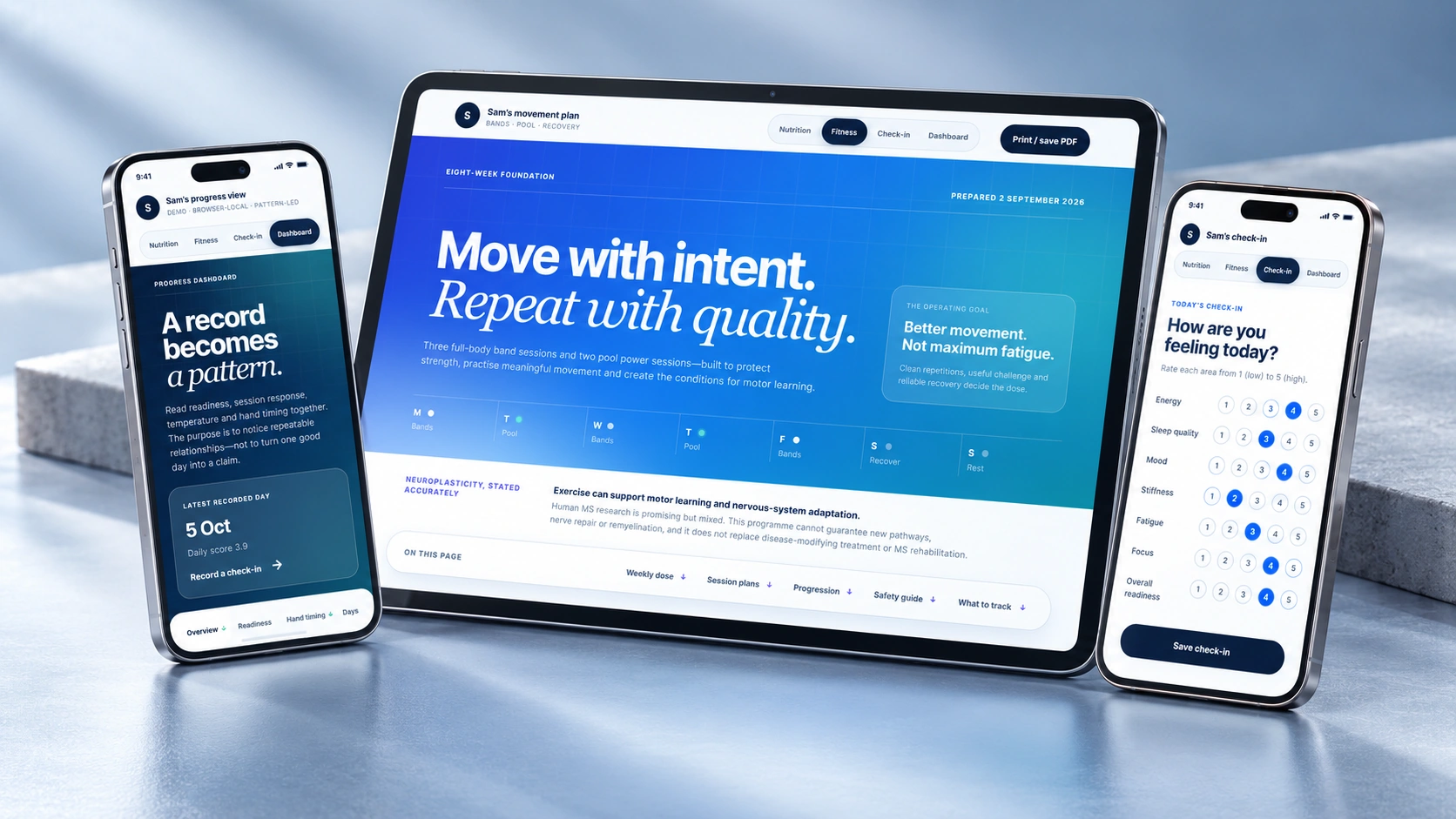 Promotional device mockup of the MS Training Portal, showing movement planning, progress and daily check-in screens